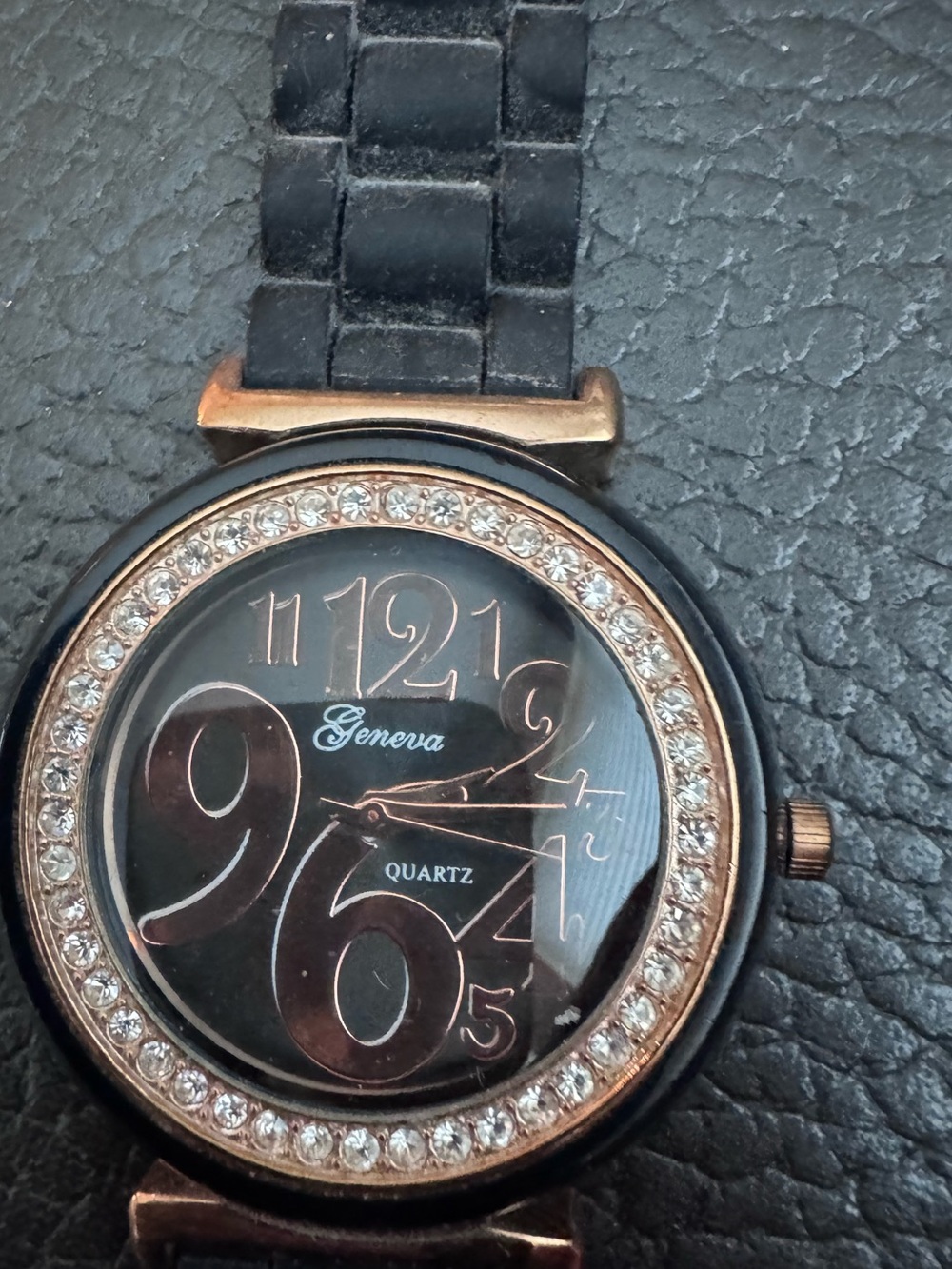 Geneva Quartz Women's Black and Rose Gold Crystal Accent Watch